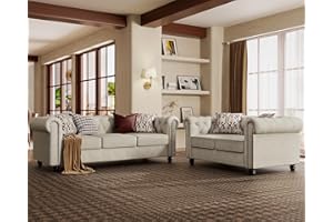 Morden Fort 2 Piece Classic Chesterfield 5-Seater Set, Tufted Loveseat & Sofa Furniture Solid Wood Legs Thick Cushion, Pet-Friendly Couch Set for Living Room Bedroom Apartment, Linen Beige