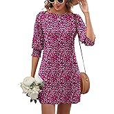 LUYAA Womens Summer Mini Dresses Boatneck 3/4 Puff Sleeve Floral T Shirt Dress with Pockets Boho Dresses Fashion Trendy 2025