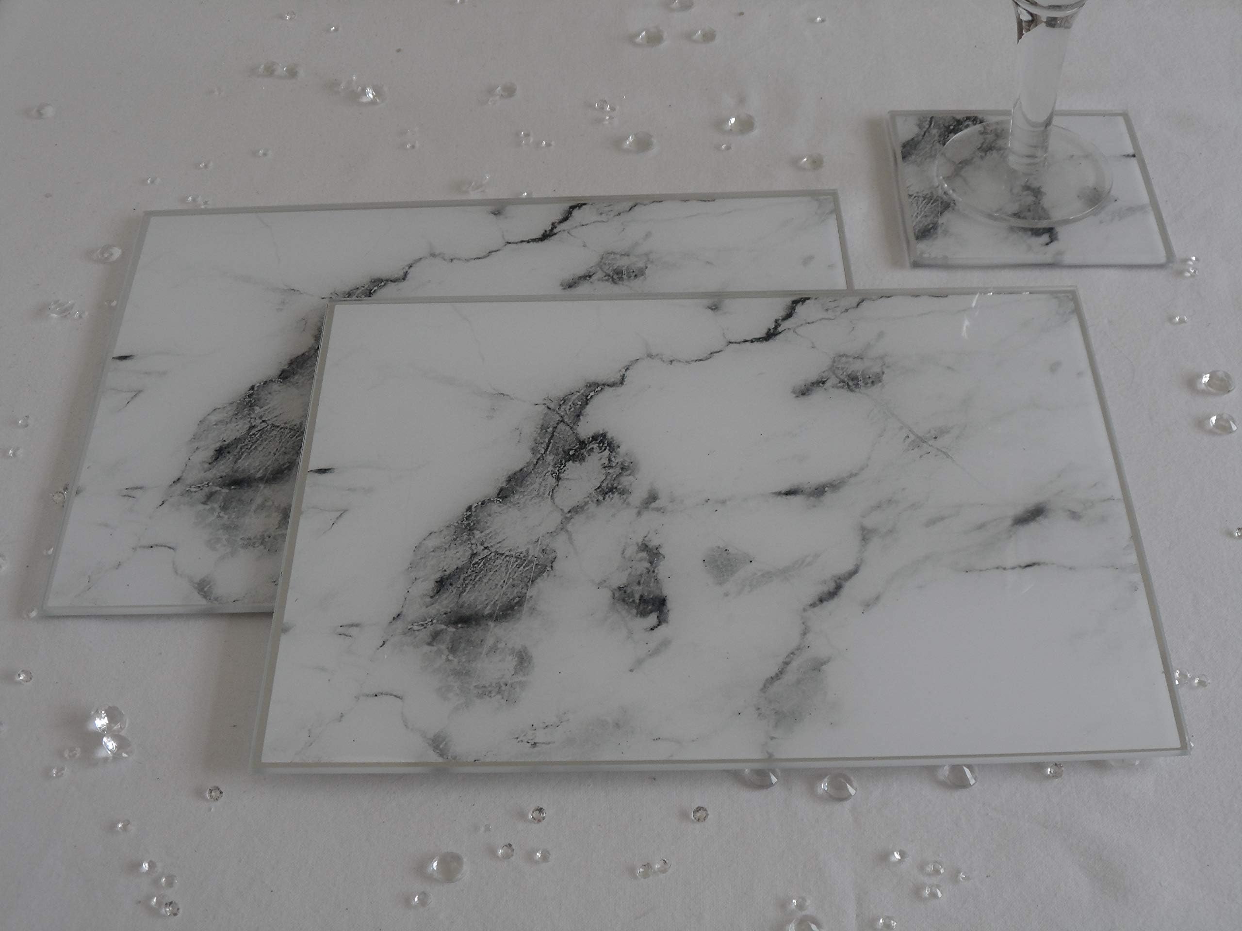 Annibells Set of 4 Table Place Mats White & Grey Marble Glass Placemats & Coasters