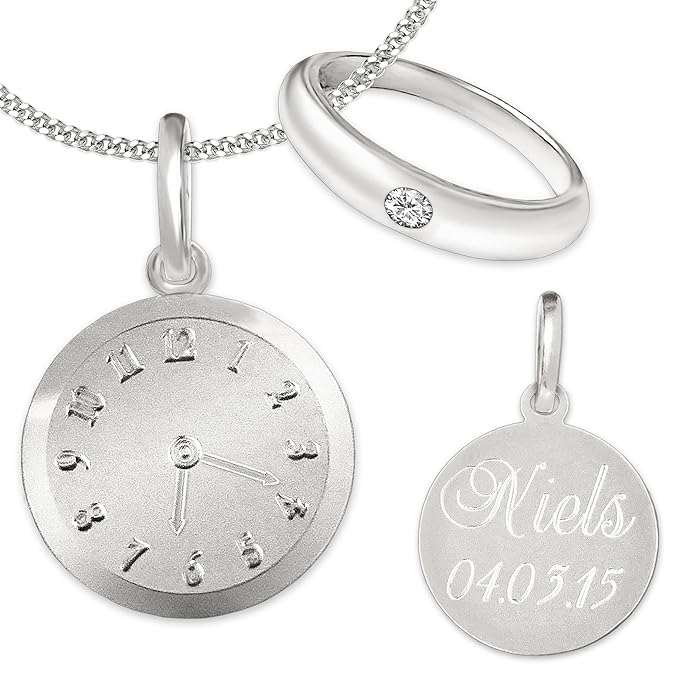 Clever Schmuck Set mit Gravur: Silberner Taufring Zirkonia weiß und Anhänger Uhr mit Kette STERLING SILBER 925 mit Etui