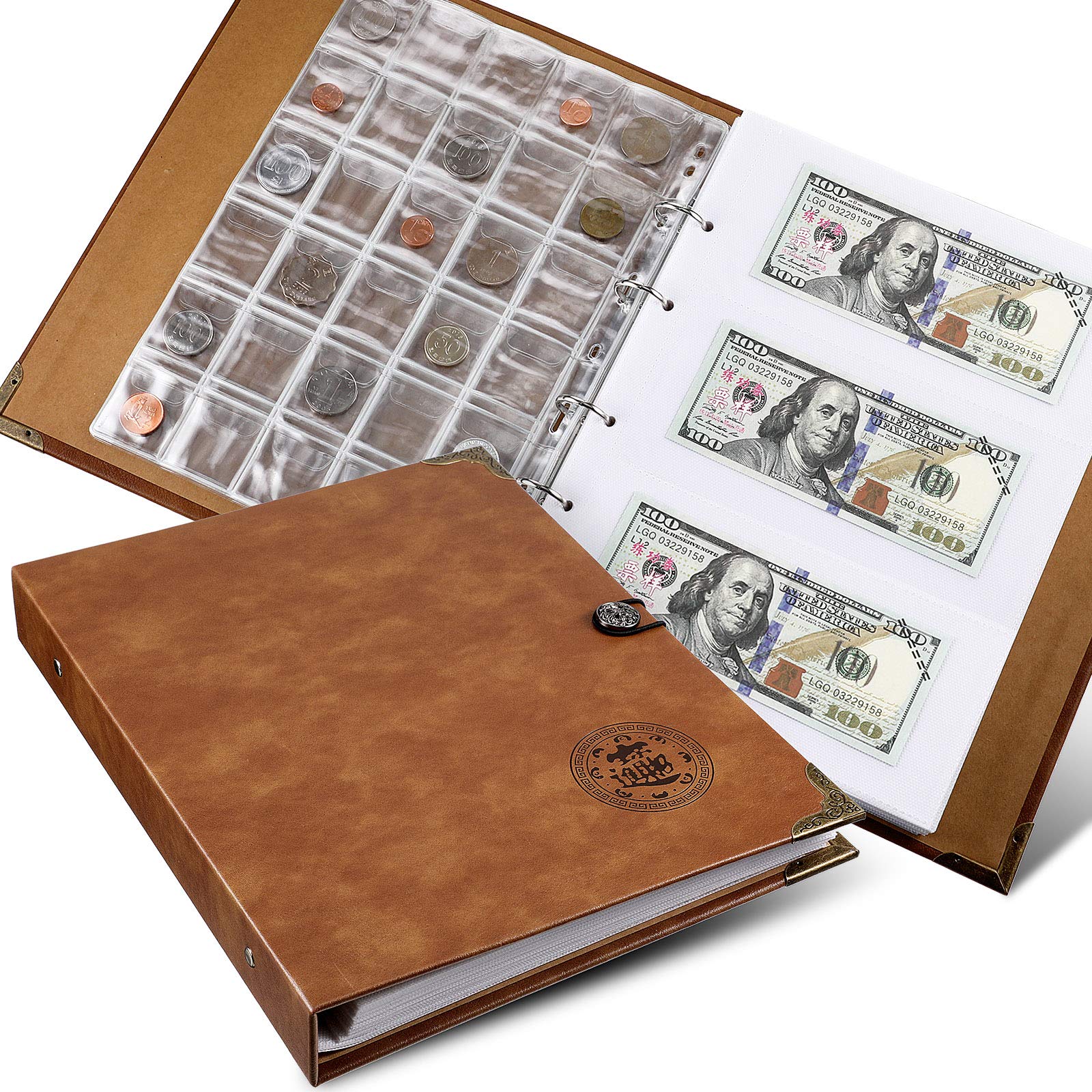 Zonon Currency Album Coin Collecting Book Holder with 150 Coin Pockets and 240 Paper Currency Pockets, PU Leather Album Collection Book Penny Storage(Brown)