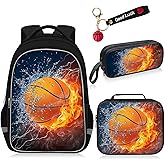 Fitvc School Backpack for Boys - 4pcs American Football Boys Backpack with Lunch Box Set for Kids Children Teens Elementary Middle School - 17″ Sport Bookbag Travel Back Pack for Age 6-18