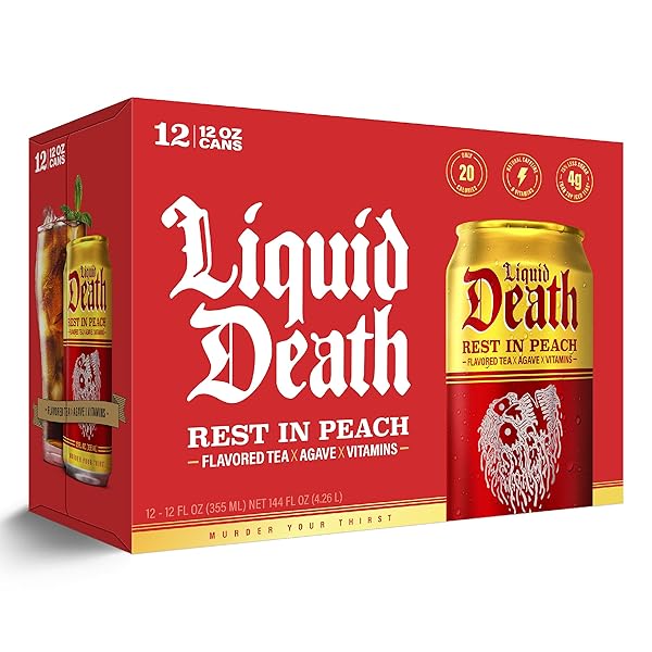 LIQUID DEATH ICED TEA – REST IN PEACH (PEACH-FLAVORED BLACK TEA), LESS SUGAR*, BOOST OF CAFFEINE, B VITAMINS, NO ARTIFICIAL SWEETENERS, 12 FL OZ (PACK OF 12)