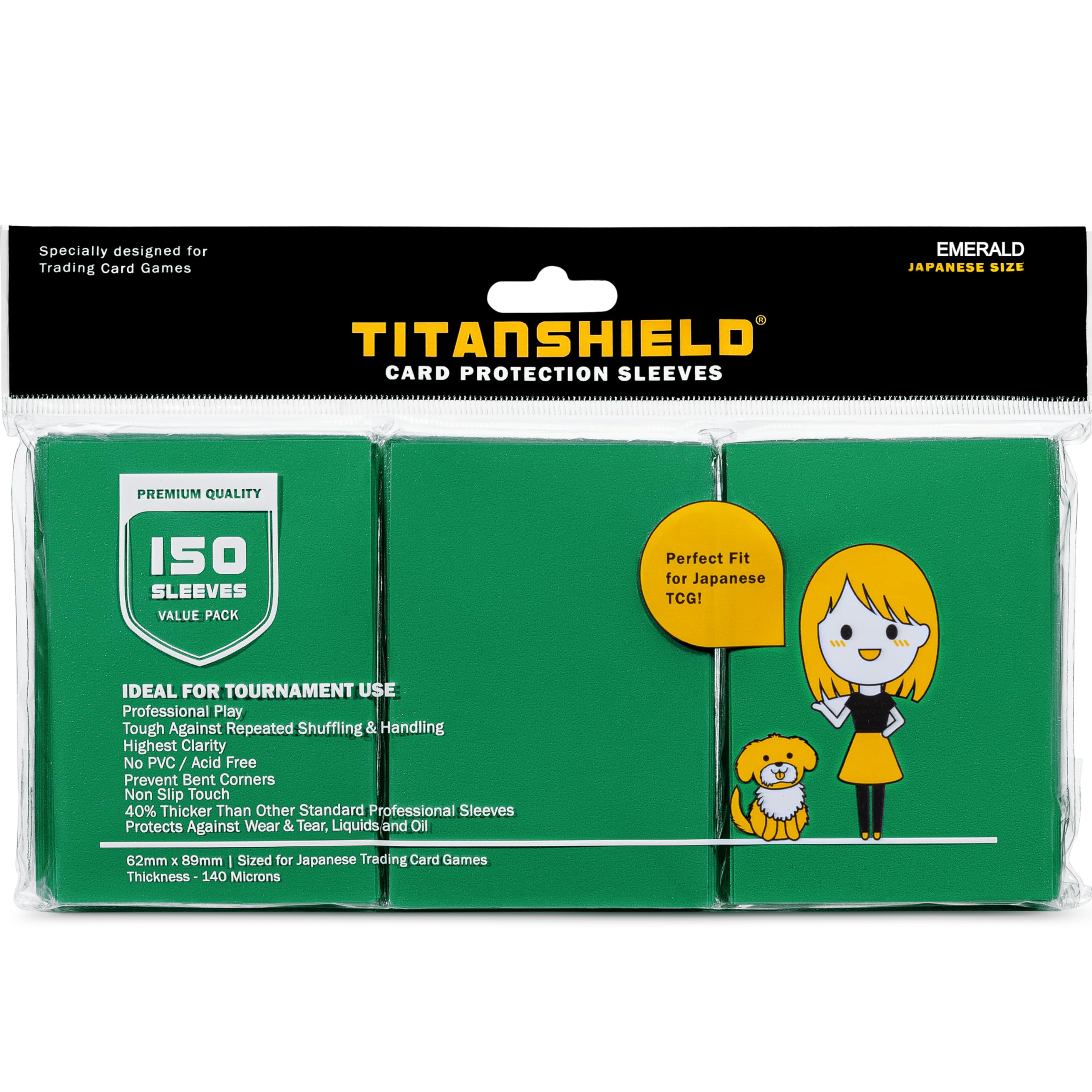 TitanShield 150 Emerald Small Japanese Sized Trading Card Sleeves Deck Protector for Yu-Gi-Oh, Cardfight!! Vanguard & More