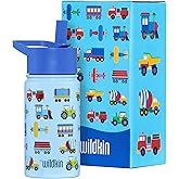 Wildkin Kids 14oz Stainless Steel Water Bottle – BPA-Free, Leakproof, Insulated, Easy-Clean - Trains, Planes & Trucks