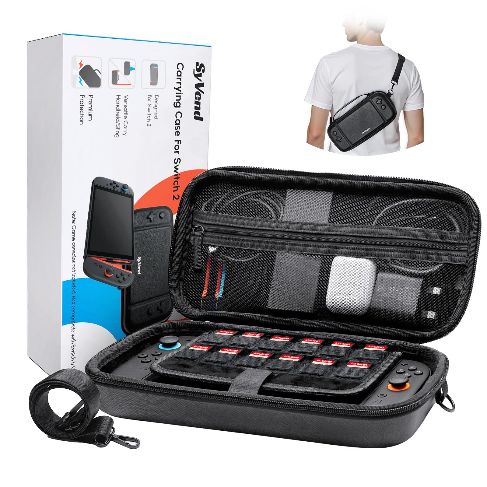 SyVend Switch 2 Carrying Case - Large Capacity Travel Case with Adjustable Shoulder Strap, 22 Game Card Slots, Hard Shell Protection, Fits AC Adapter, Grips, HDMI Cable & Accessories