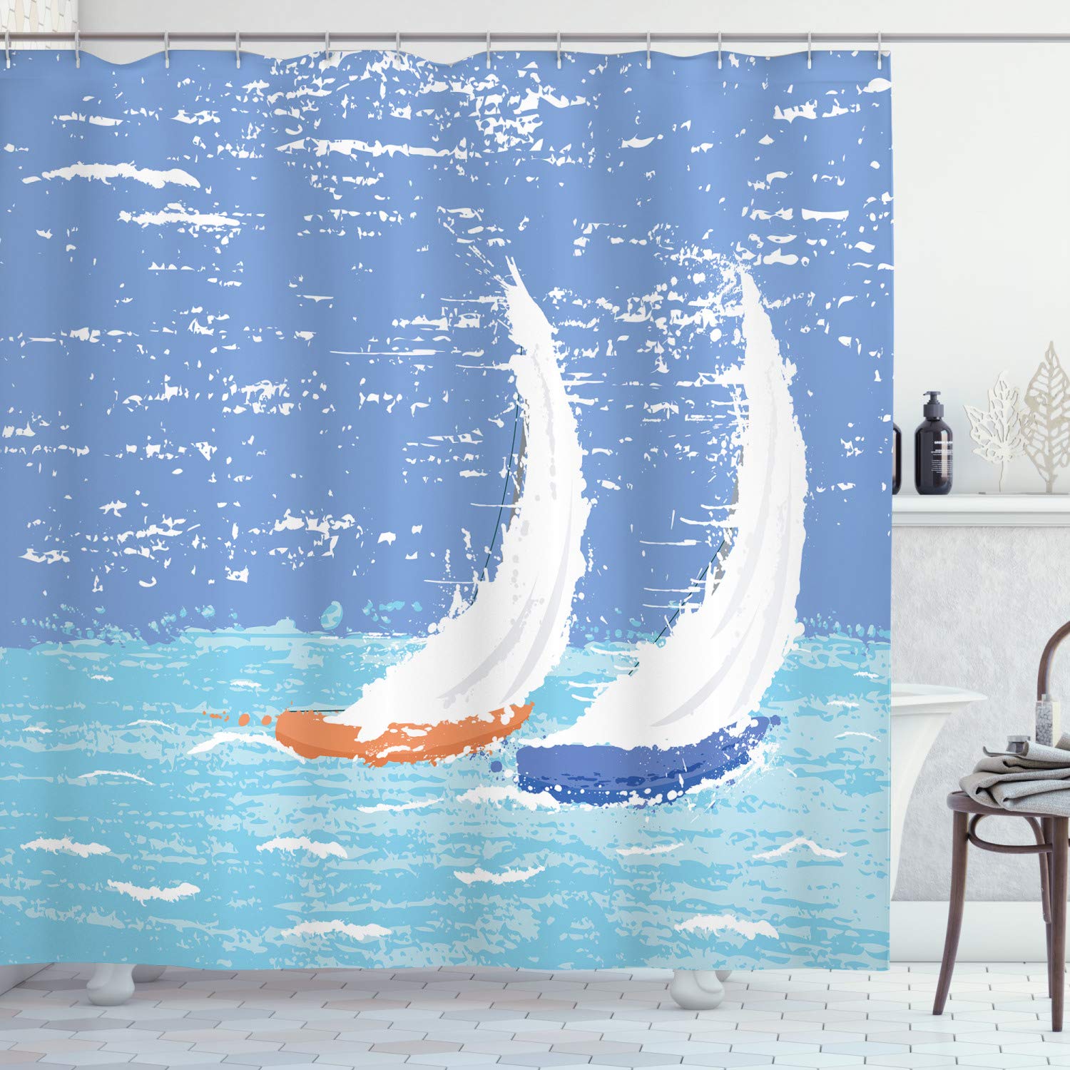 ABAKUHAUS Nautical Shower Curtain, Grunge Style Illustration of 2 Racing Sailboats in a Windy Ocean Water Print, Cloth Fabric Bathroom Decor Set with Hooks, 70 Inches, Pale Blue