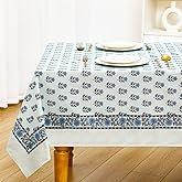 Newtay 60'' x 90'' Cotton Tablecloth Handmade Cotton Floral Tablecloth Washable Print Rectangle Table Cover with Dust Proof Wrinkle Resistant for Kitchen Dining Party Buffet (Blue,Apatite Blue)