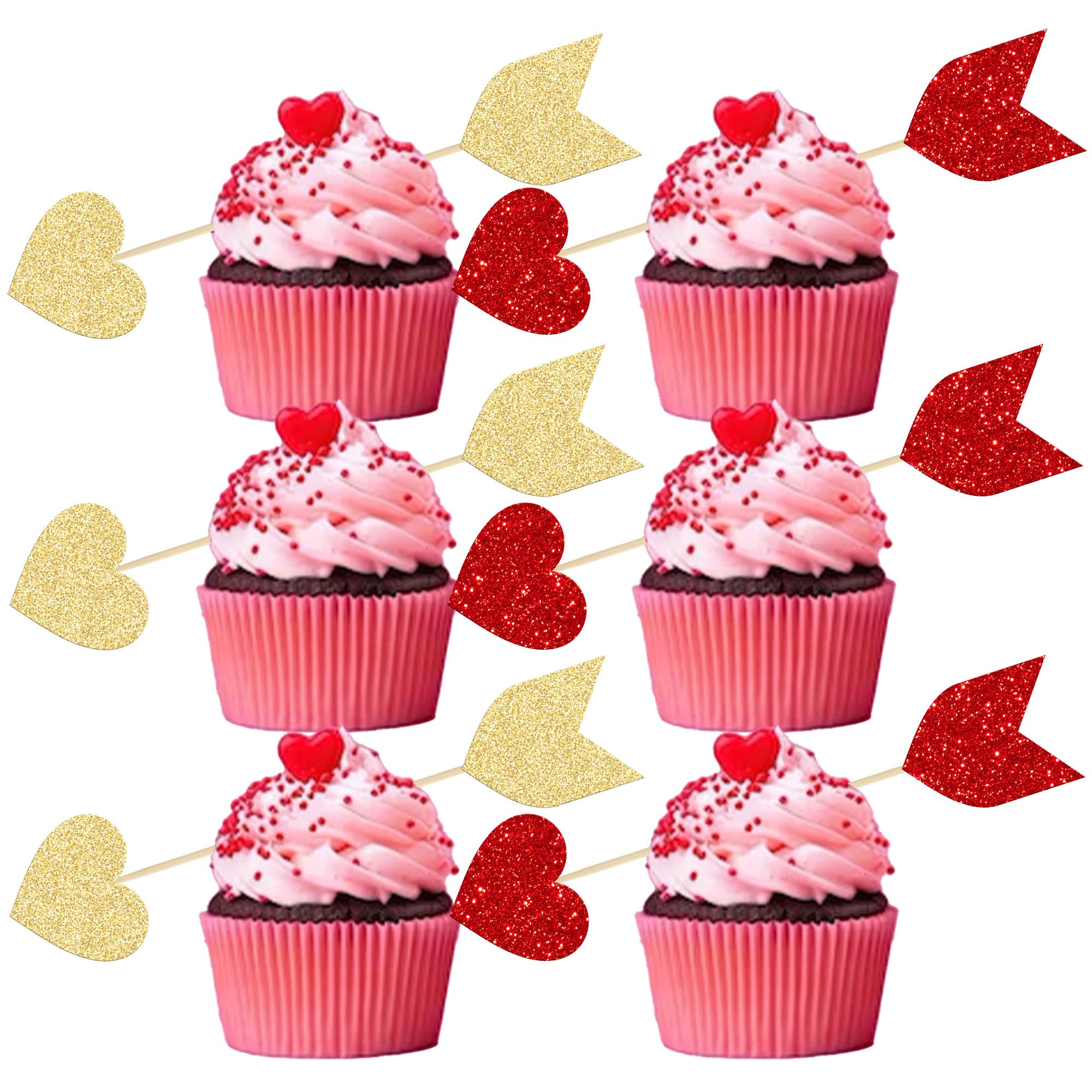 Gyufise 24Pcs Happy Valentine's Day Cupcake Toppers Red Gold Glitter Love Heart Arrow Cupcake Picks for Valentine's Day Theme Wedding Bridal Shower Birthday Party Cake Decorations Supplies