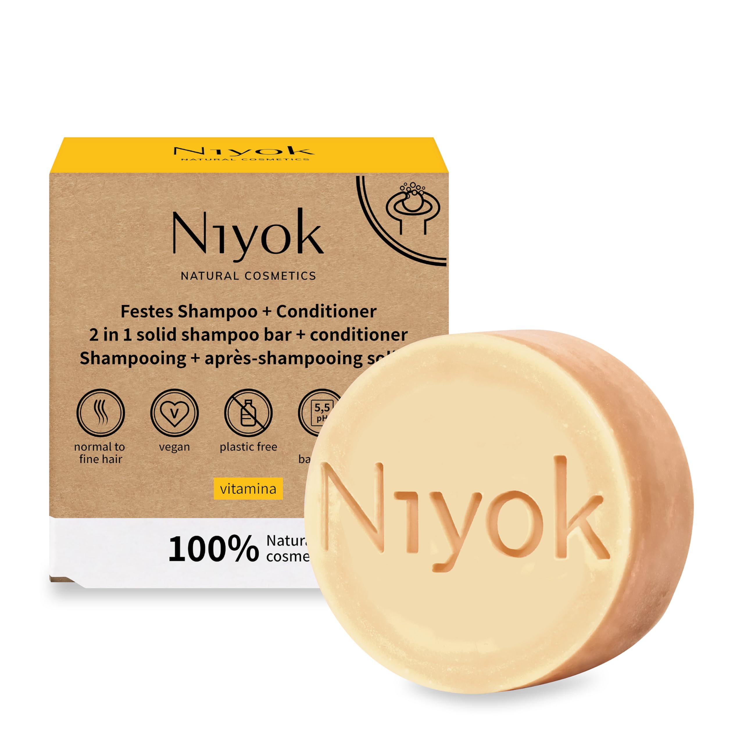 Niyok® 2 in 1 firm shampoo and conditioner, skin-neutral, vegan, plastic-free, normal to fine hair, better combability, vitamina, 80 g