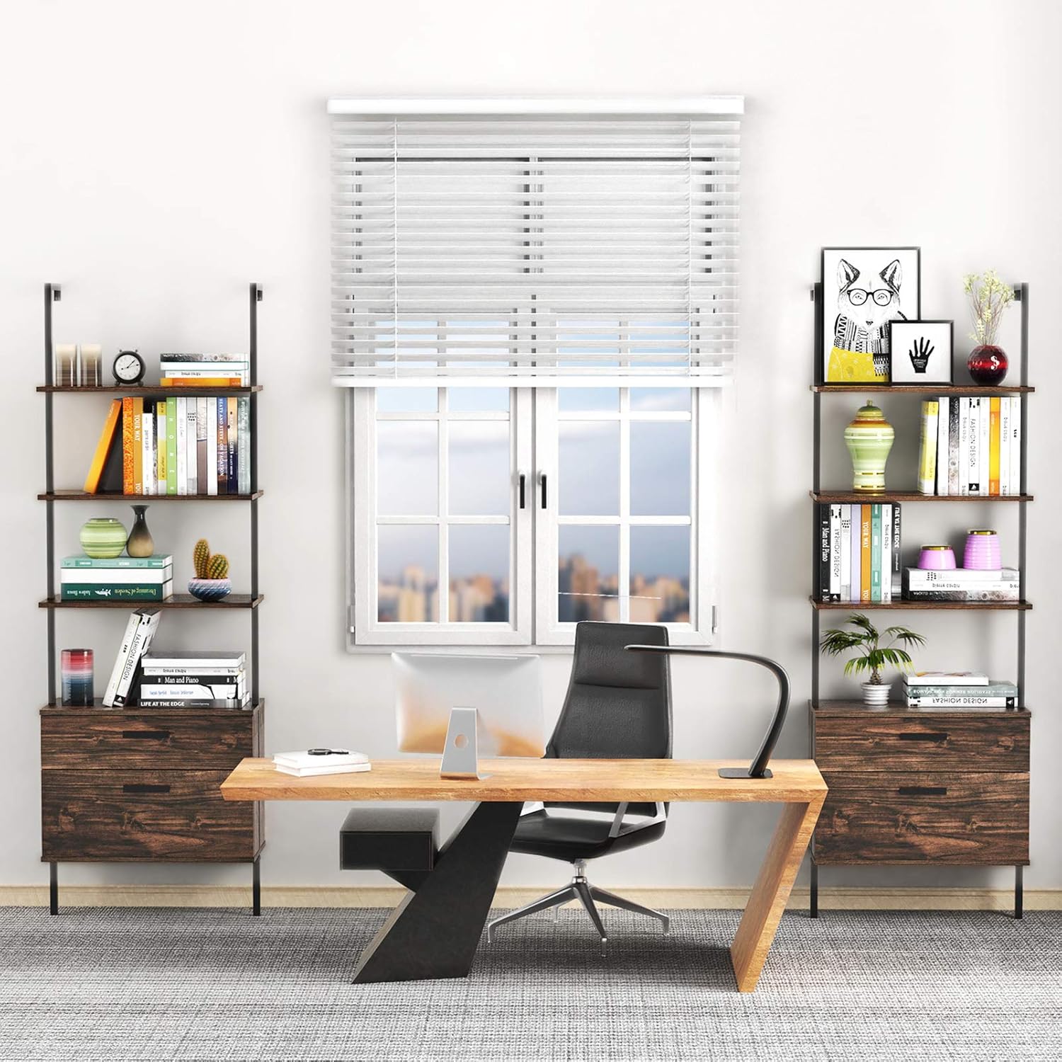 Industrial Ladder Shelf with Drawers, 3 Tier Open Shelf Storage Rack Shelves Ladder Bookshelf Plant Flower Stand Matte Metal Frame for Home, Living Room, Kitchen, Office: Furniture & Decor