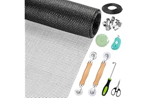GHGUOLE Window Screen Replacement,Screen Door Repair Kit, 48"x178" Black Window Screen Mesh,Including 50 FT Splines+Hooks+2 Rollers+8 Clips+Scissors+Knife+Tape Measure,Fully Equipped Window Screen Repair Kit