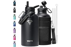 Topre 64oz Insulated Water Bottle,Half Gallon Water Flask Stainless Steel Vacuum, Cold for 48 Hrs,BPA-Free & Leakproof -with Paracord Handle,Strap,Straw Spout Lids,Large Jug for Gym Sports,Black