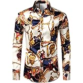 ZEROYAA Men's Hipster Printed Silk Like Satin Button Up Dress Shirt for Party Prom