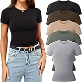 CE' CERDR 3/5 Pack Womens T Shirts Crew Neck Short Sleeve Shirts for Women Casual Basic Tees Fitted Stretchy Layering Tops