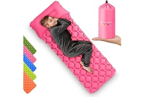HIGH STREAM GEAR Kids Sleeping Pad for Camping and Sleepovers with Pillow, Inflatable Camping Mattress for Backpacking & Travel, Thick Toddler Cot Mat, Fast Inflating Camping Sleeping Pads for Kids