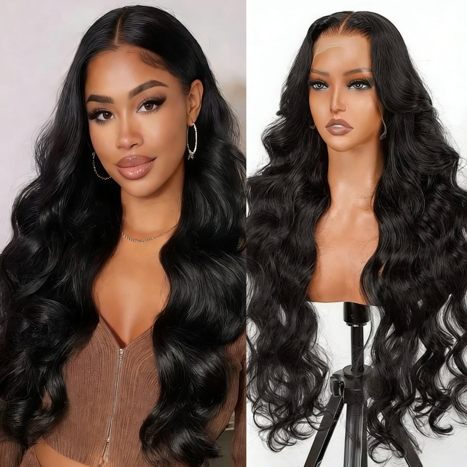 Photo 1 of GCOKS Lace Front Wigs Human Hair Body Wave 200 Density Human Hair Wigs for Women Pre Plucked 13x4 HD Lace Frontal Wig Glueless Natural Black 24 inch