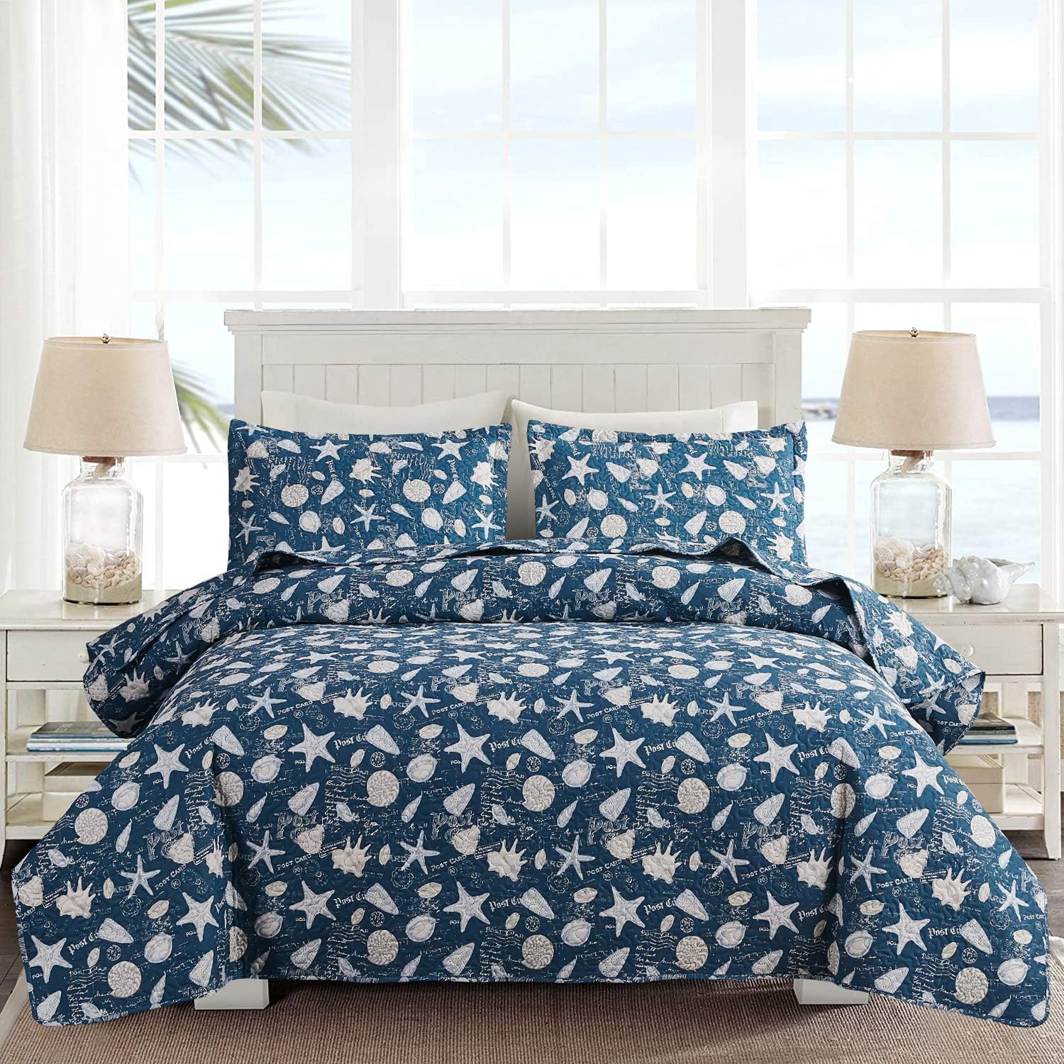 Ocean Quilt Set King Size Coastal Beach Theme Bedding Lightweight Reversible Starfish Seashell Conch Bedspread Coverlet Blue Bed Cover with 2 Pillow Shams
