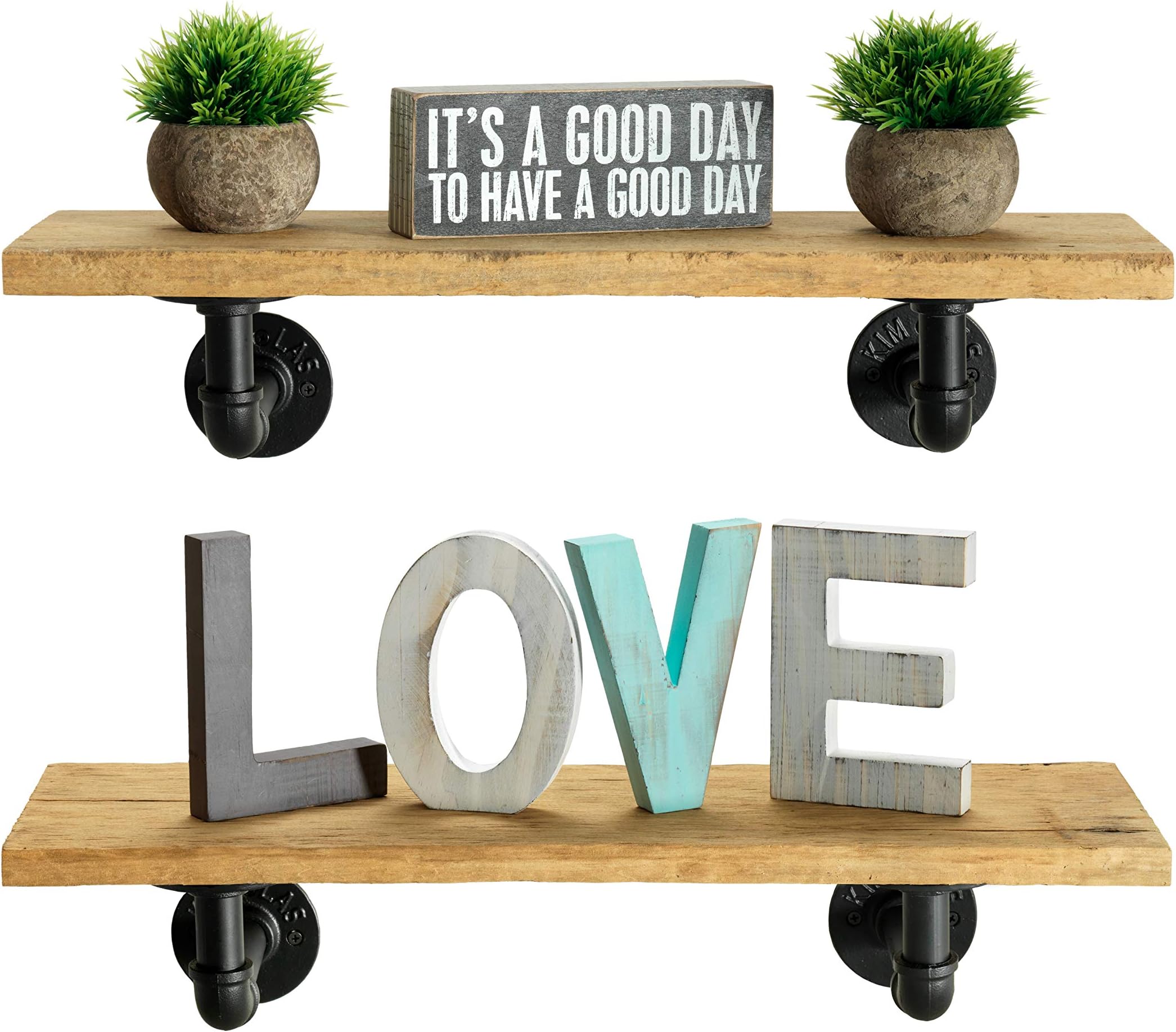 Rustic Farmhouse Reclaimed Wood Shelves | Barnwood Shelves | Set of 2 | 24 Inches (Genuine Salvaged/Reclaimed) | with Black Elbow Industrial Pipe Brackets | Made in USA (Ohio) | 24" x 1" x 8"