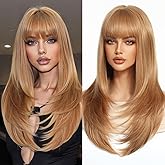 Nuxovin Champagne Blonde Wigs Human Hair Long Straight Layered with Bangs Lightweight Breathable Cap Natural Looking Hair Replacement for Women Cosplay Daily Party (Champagne Blonde,24inch)