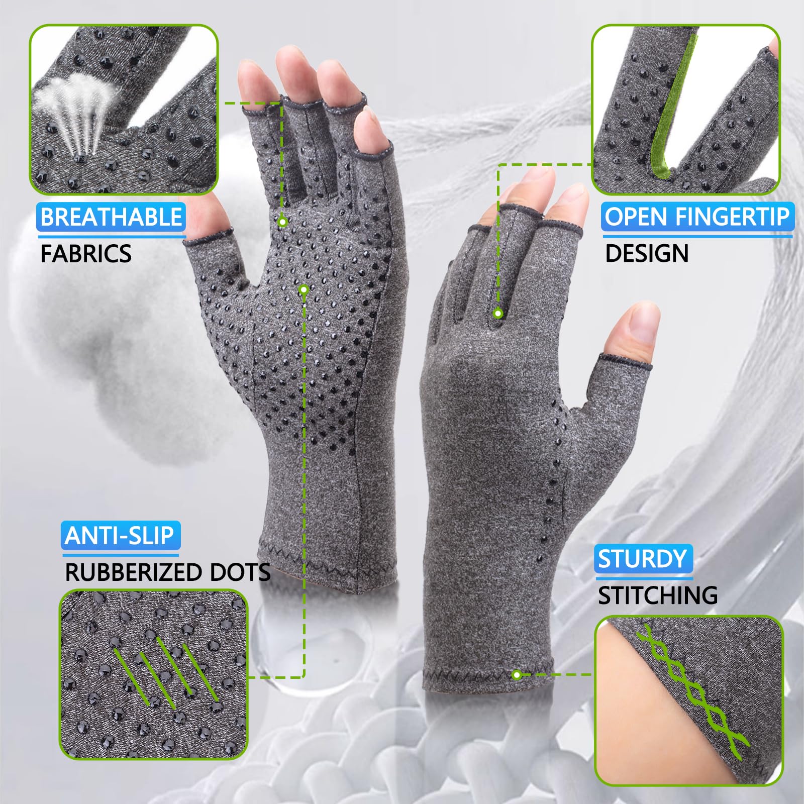 DRNAIETY 2 Pairs Arthritis Compression Gloves- for Hand Arthritis, Carpal Tunnel Pain, Rheumatoid Arthritis, RSI, Fingerless, Anti-Slip, Breathable Gloves for Men & Women, Typing, Daily Use(M, Gray)