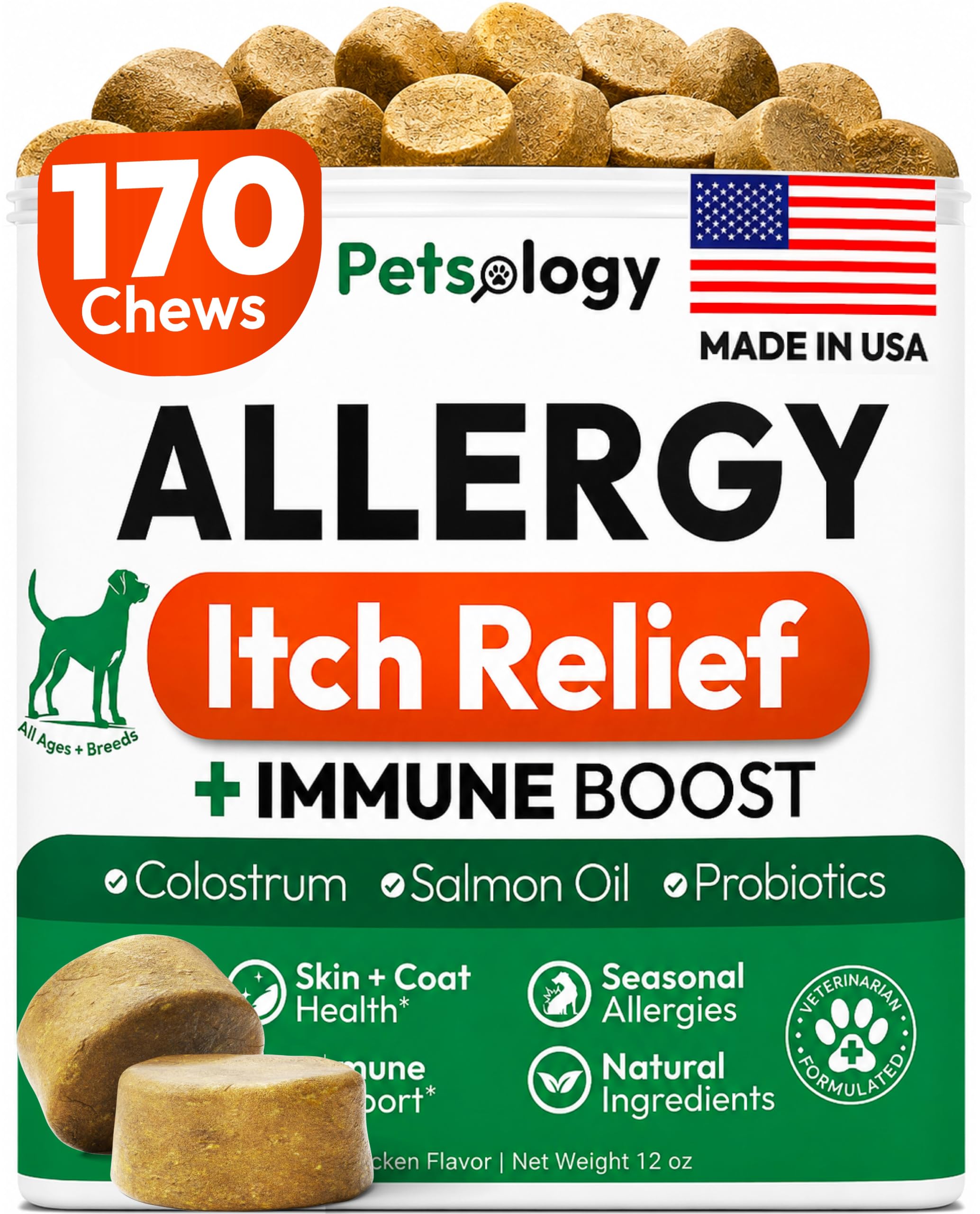Dog Allergy Relief Chews 170 Count Anti Itch Skin & Immune Support for Dogs | Itch Relief, Omega 3 Fish Oil, Probiotics, Hot