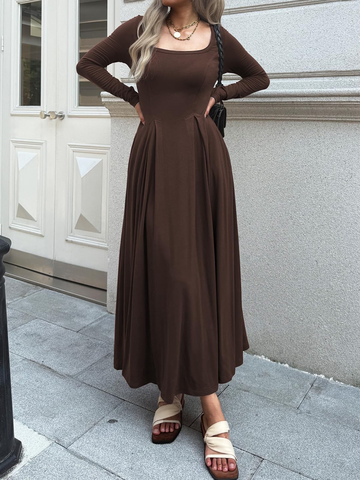 Mieazom Women Long Sleeve Square Neck Maxi Dress A-Line Pleated Flowy Elegant Party Cocktail Winter Fall Dresses with Pockets Brown S