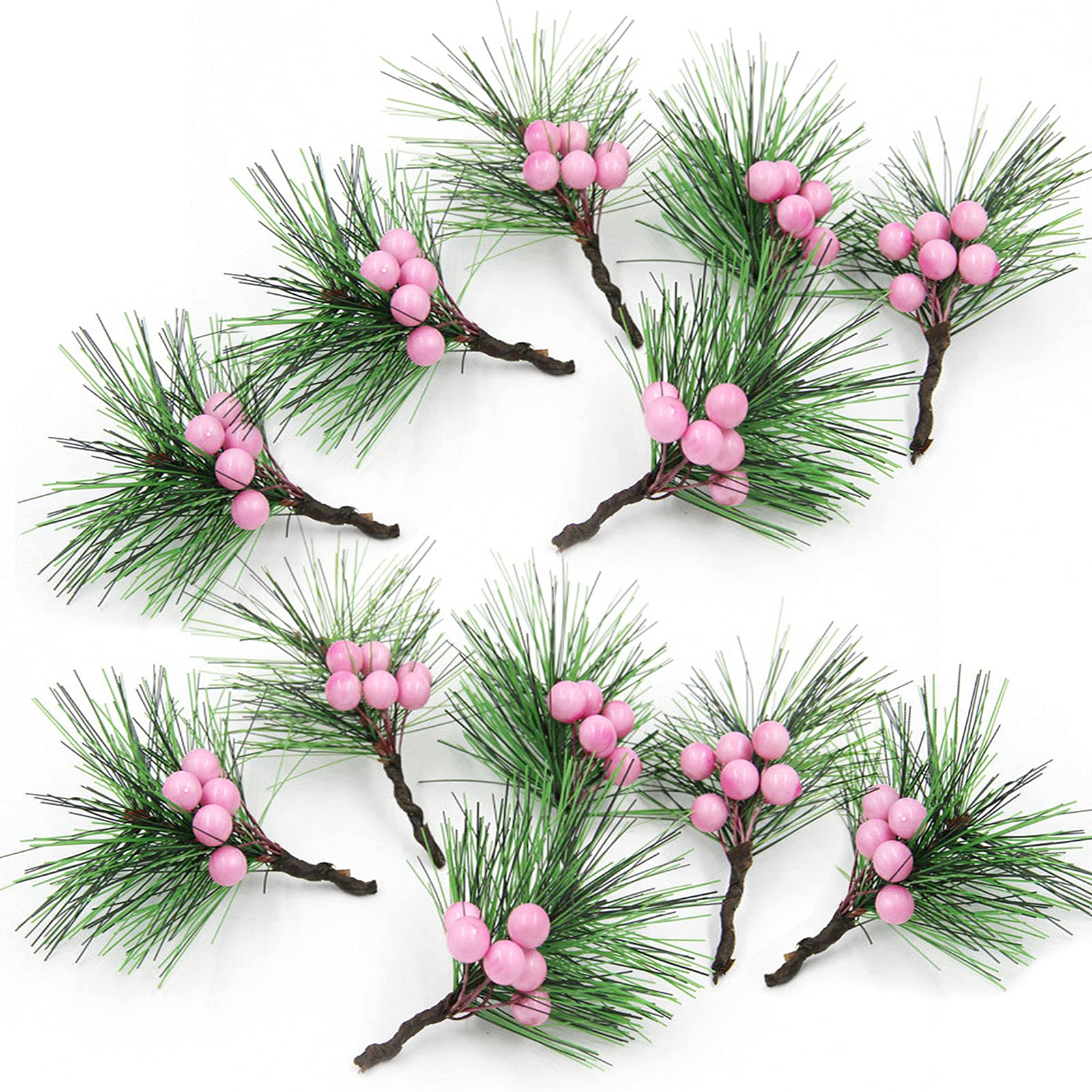 LEMCC 24PCS Artificial Christmas Mini Pine Picks Pink Berry Stems Picks Small Artificial Pine Tree Branches for Christmas Tree Decorations DIY Crafts Home Decor