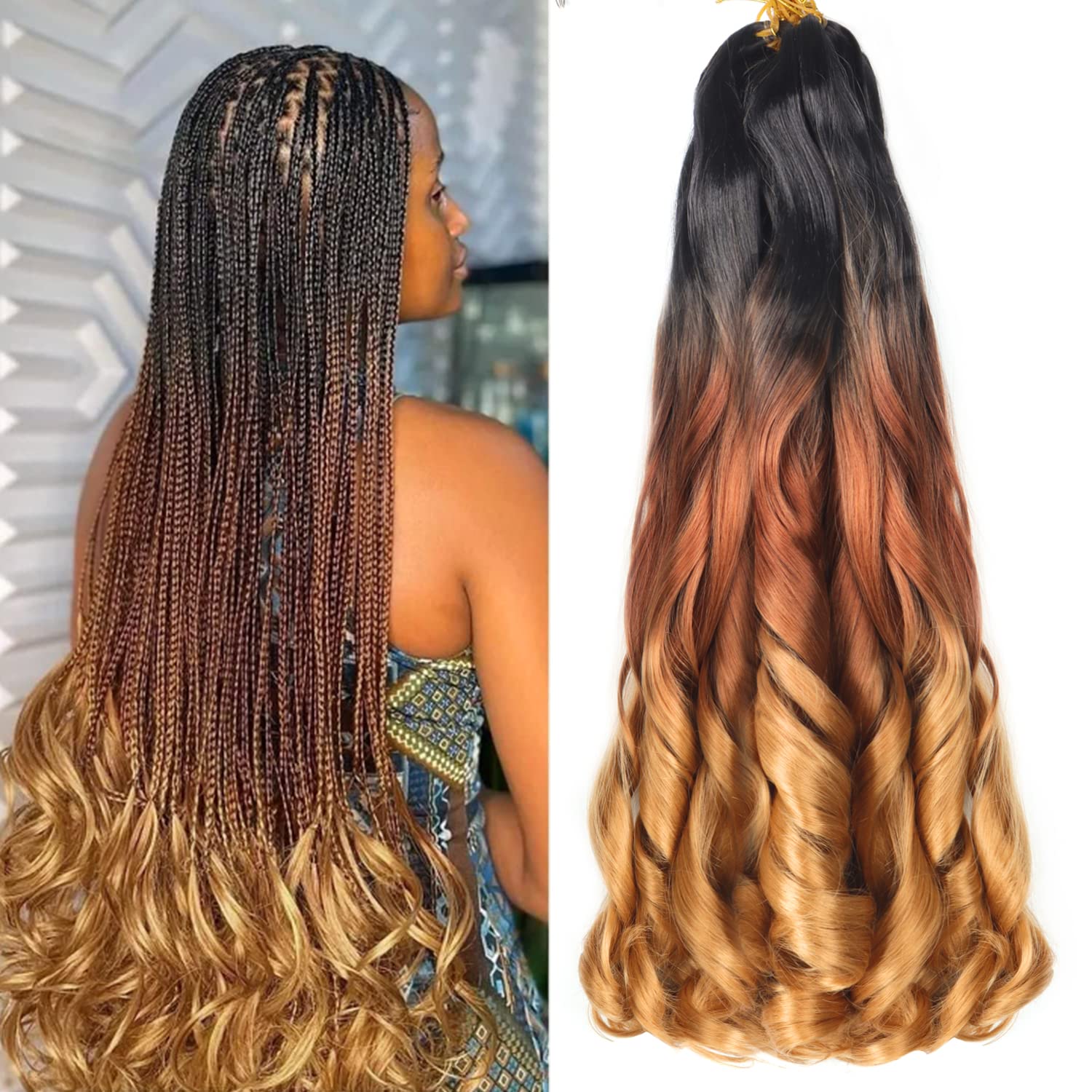 22 inch French Curl Braiding Hair 8 Pack Loose Wavy Spiral Curl Braids Crochet Hair Deep Wave Synthetic Extensions Pre Stretched Bouncy Braiding Hair (22 inch, 1B/30/27)… — image 1