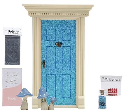 Lil Fairy Door Blue Sparkle Bundle 4 Items Blue Sparkle Lil Mushrooms Blue Lil Fairy Letters And Lil Fairy Foot Print Stencil