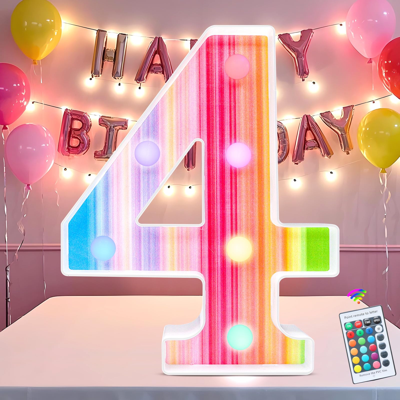 Rainbow Light Up Numbers, Colorful LED Number Lights 4th Birthday Decorations, 16 Color Changing Girls Birthday Number Gifts for 4 Year Old Girls Party Anniversary Remote Wall Table Decor - Number 4