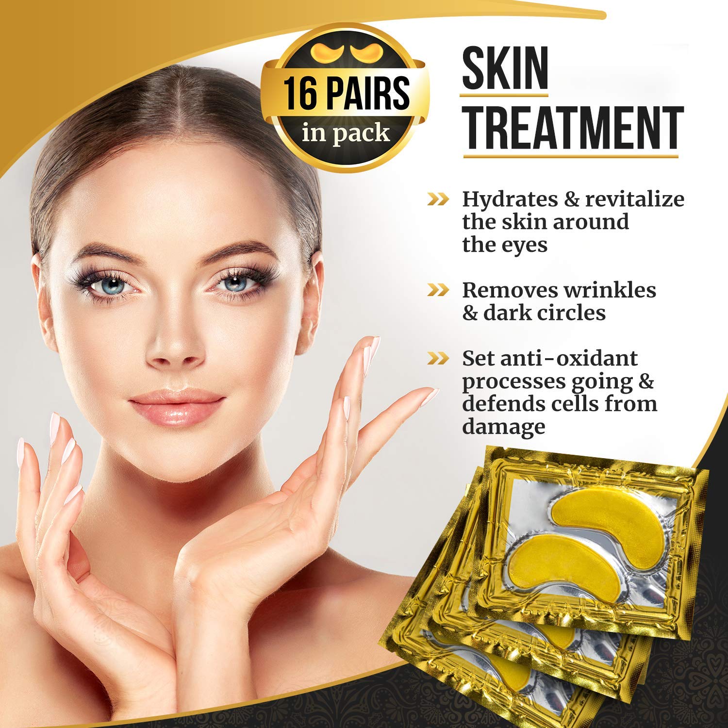 Under Eye Patches, 24K Gold Collagen Eye Mask, Dark Circles and Wrinkles Treatment, Anti-aging, Gel Pads for Puffiness and Bags, Immune System Support for Eyes, With Hyaluronic Acid, Deep Moisturizing : Beauty
