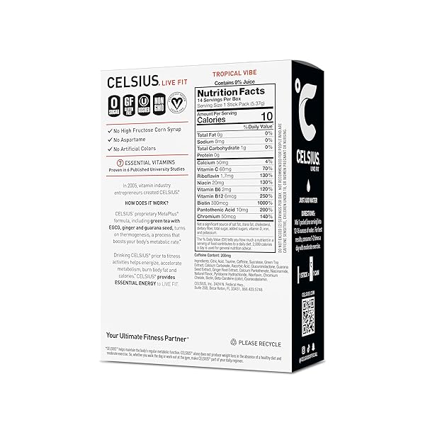CELSIUS ON THE GO TROPICAL VIBE, SUGAR FREE ENERGY DRINK MIX (14 STICKS PER PACK)