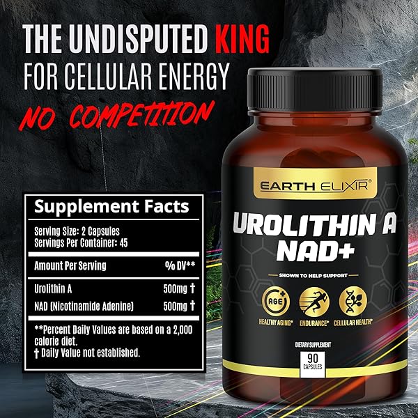 EARTH ELIXIR UROLITHIN A & NAD SUPPLEMENT (90 CAPSULES) 500MG OF UROLITHIN A+ AND NAD SUPPLEMENT ORGANIC – NICOTINAMIDE RIBOSIDE (NAD +) – UROLITHIN A SUPPLEMENT