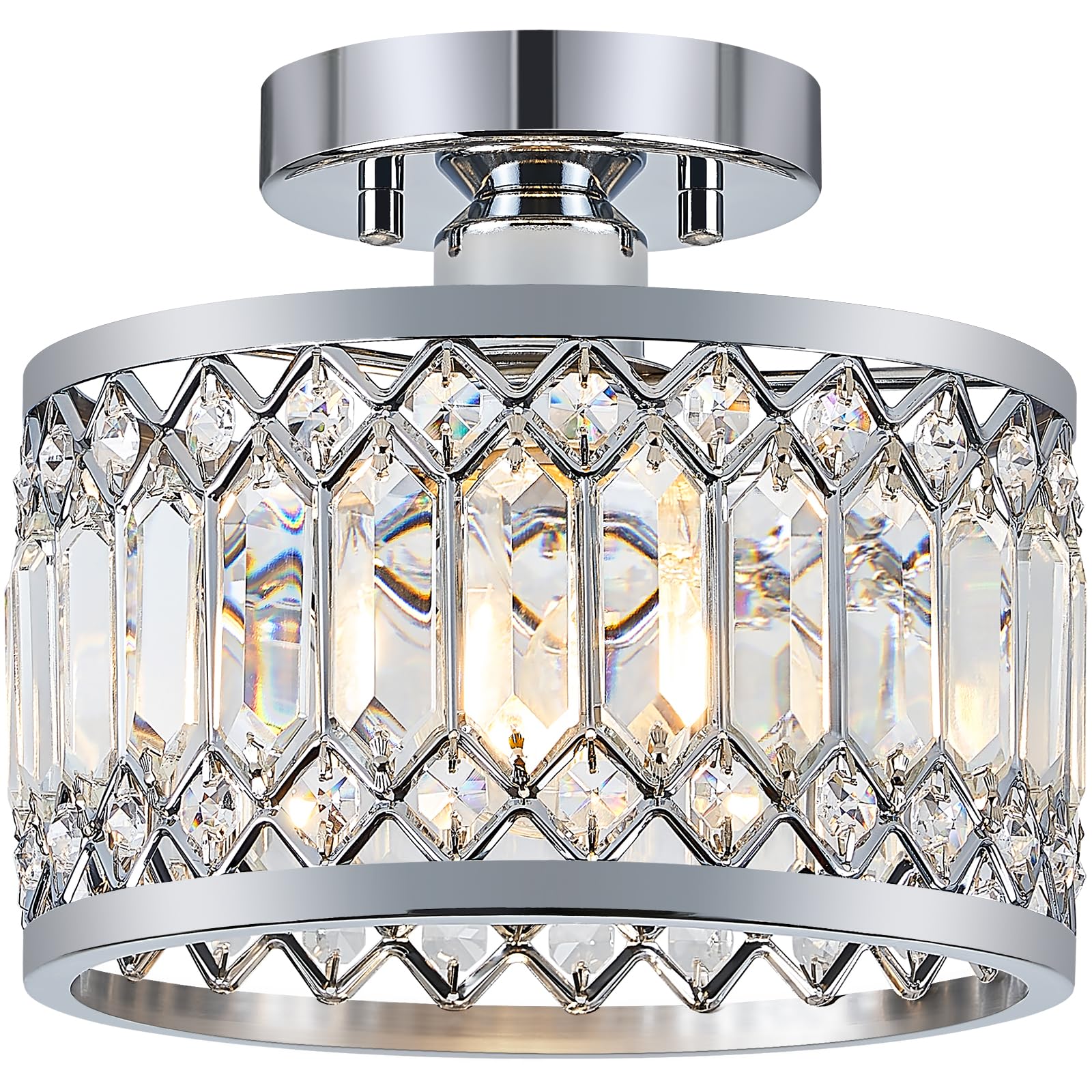 Photo 1 of YURNYQ Crystal Ceiling Light Fixture, Modern Semi Flush Mount Ceiling Light, Chrome Lighting Fixtures Ceiling Lamp for Hallway, Kitchen, Entryway, Bedroom, Laundry Room, 9.05 Inch