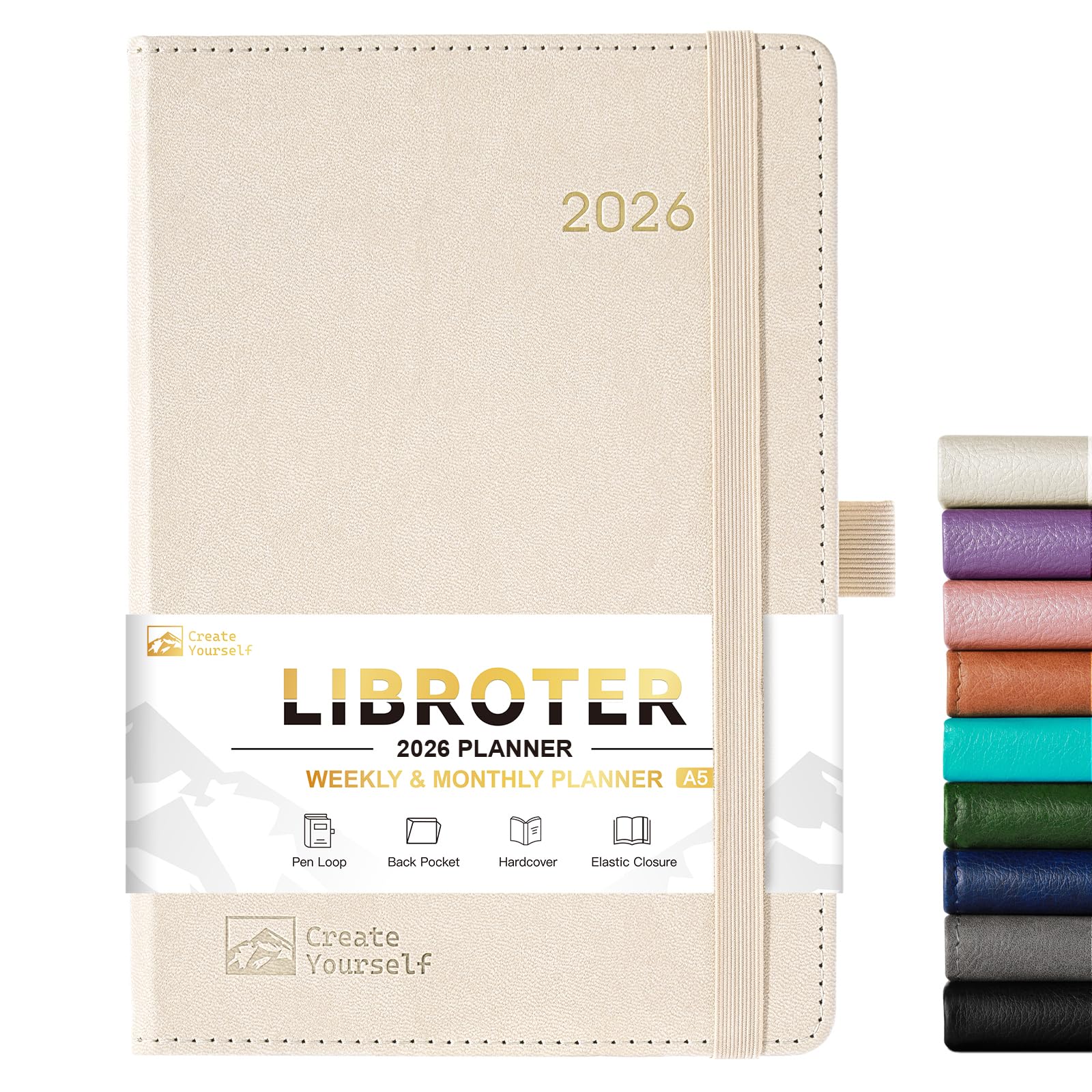 Photo 1 of 2026 Planner - Planner 2026, 2026 Weekly Monthly Planner, Jan.2026 - Dec.2026, 5.7'' x 8.4'', Thick Paper, Leather Cover, Pen Holder, Back Pocket, Bookmarks, Perfect Daily Organizer - Off-white