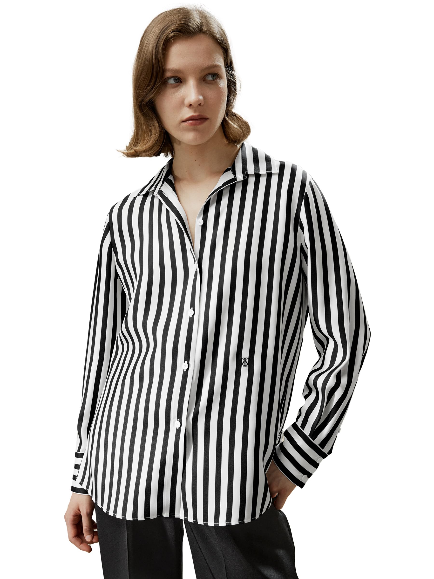 Photo 1 of LilySilk Womens 100% Silk Shirt Ladies Black White Pinstripes Blouse with V Neck and Long Sleeve for Work Causal Spring Summer Fall Medium