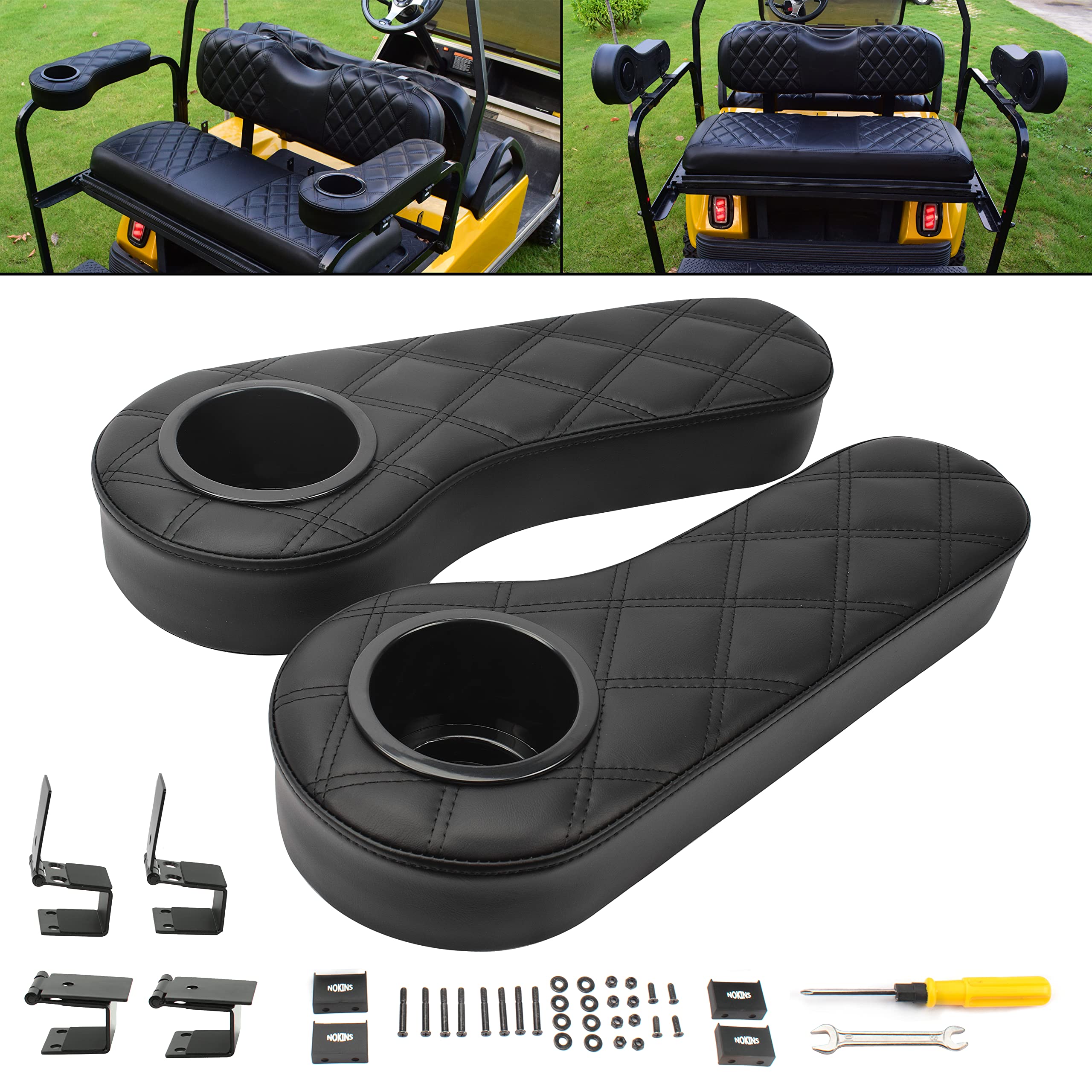 Photo 1 of NOKINS Golf cart flip armrest with Cup Holder, no Drilling Required, for Club car/EzGo/Yamaha, Club cart Black Stitching armrest kit