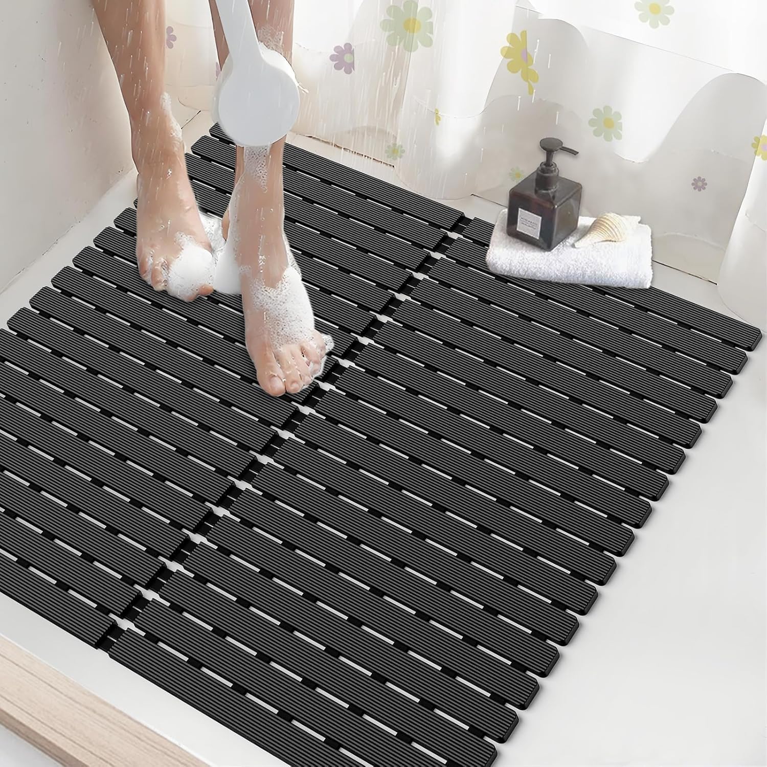 Photo 1 of Shower Mat Non-Slip Bath Mat for Tub Floor & Stall with 200+ Suction Cups & Drain Holes, Quick Dry Machine Washable Bathtub Mat, Safe for Elderly& Baby, Bathroom Essentials 24x24 Inch (Black)