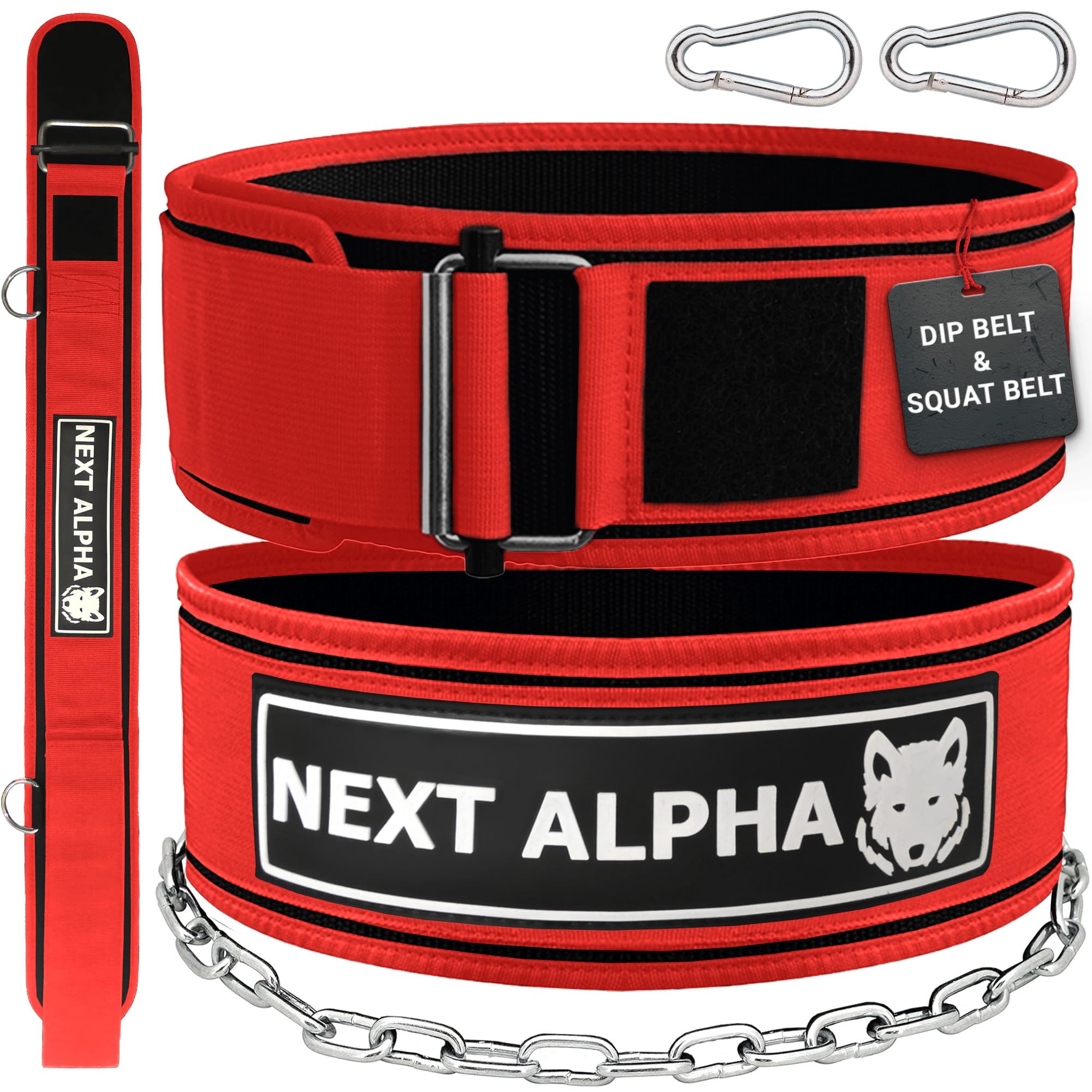Next Alpha Weightlifting Belt & Dip Belt Combination - Custom Weight Lifting Belt for Men and Women - Self-Locking & Quick Release Buckle - With Chain - Red - Small