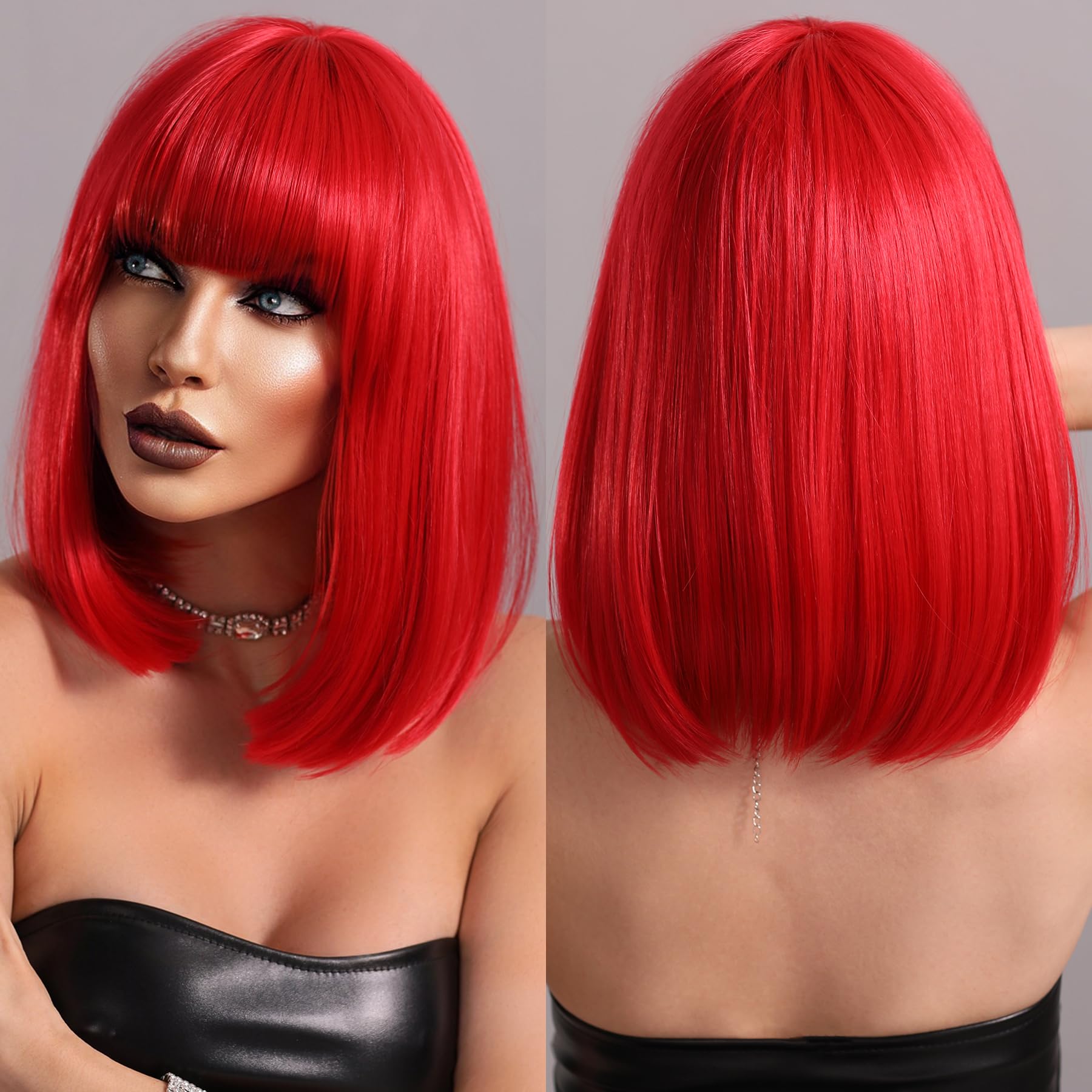 Photo 1 of PARK YUN Short Red Bob Wigs for Women Glueless Synthetic Shoulder Length Wig with Bangs Heat Resistant Straight Blunt Cut Wig for Girls Daily Party Cosplay 14 inch