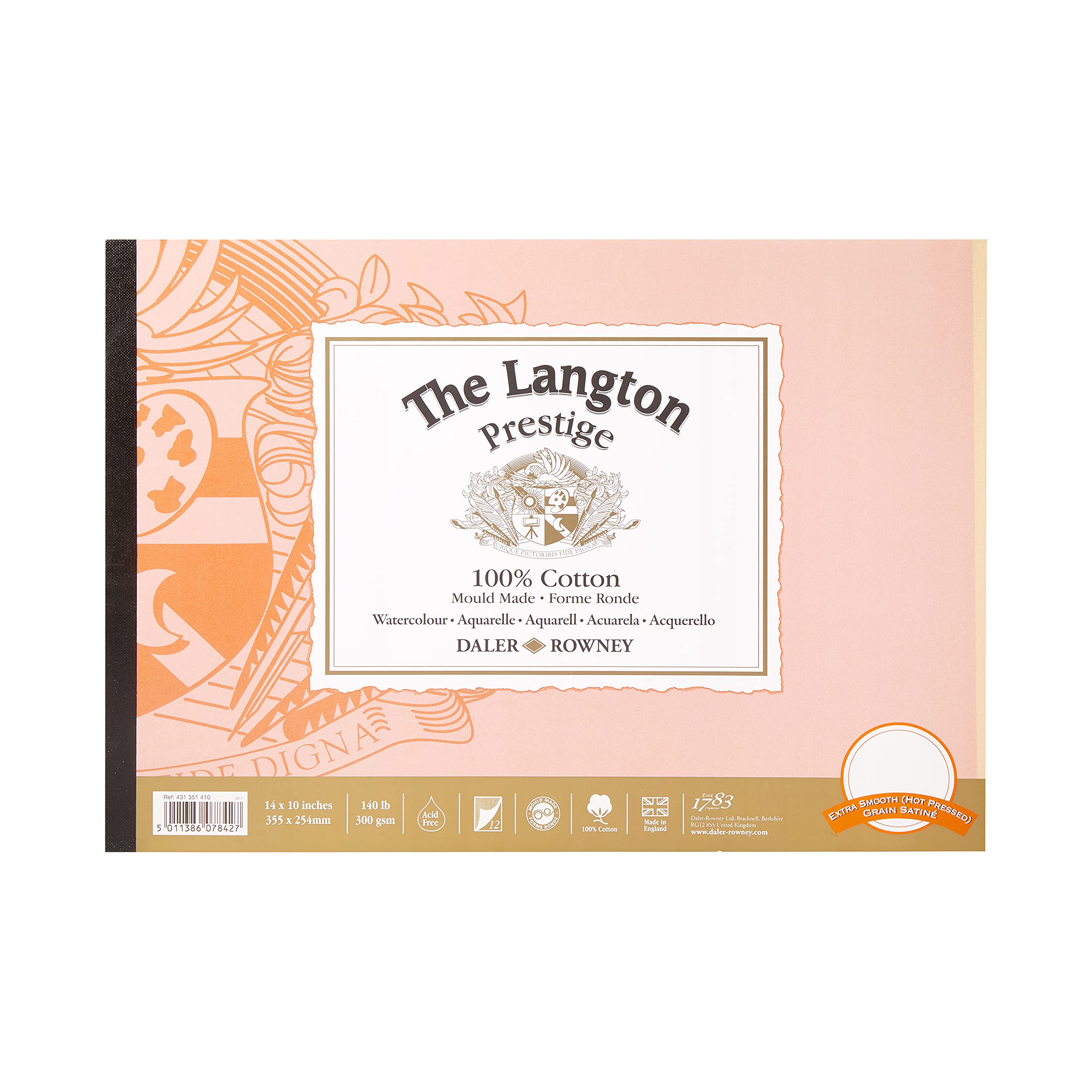 Daler-Rowney The Langton Prestige Hot-Pressed Watercolour & Gouache 300gsm 14x10in Paper Pad, Glued 1 Side, 12 Natural White Sheets, For Professional Artists & Students