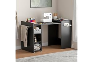 KIKIHOUSE Folding Sewing Table, Wall Mount Sewing Machine Cabinet w/ Storage Shelves & Fabric Drawer，Multipurpose Dining Craft Laundry Desk Work Station, Compact Corner Side Table for Small Space, Black