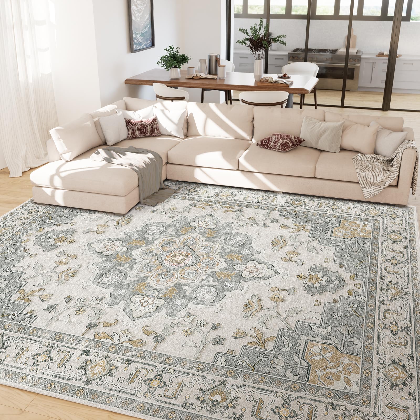 CAPALOCA Machine Washable Rugs Nursery Rug 8x10 Area Rugs Girl Non Slip Low Pile Water Repellent Soft Print Pattern for Bedroom Indoor Decor Kids Playroom Graygreen Image