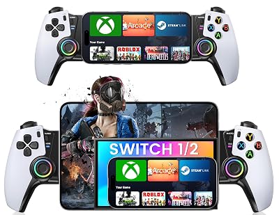 Wireless Phone Controller for iPhone/Android/Switch 1/2/OLED/iPad Mini With Hall Joystick, LED Mobile Gaming Controller for iOS Support Xbox, Steam Link, GeForce Now, Arcade,Call of Duty, Roblox