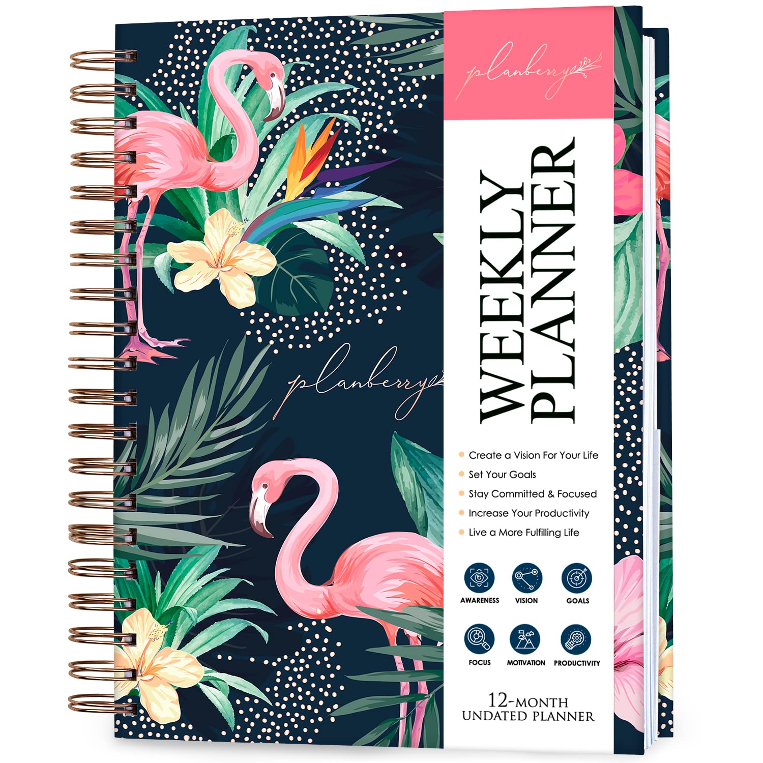 PLANBERRY Weekly Planner Large – Elegant Life & Budget Planner to Hit Your Goals & Live Happier - Organizer & Productivity Journal - 20x27cm Hardcover, Undated + Stickers Rose Flamingo — image 1