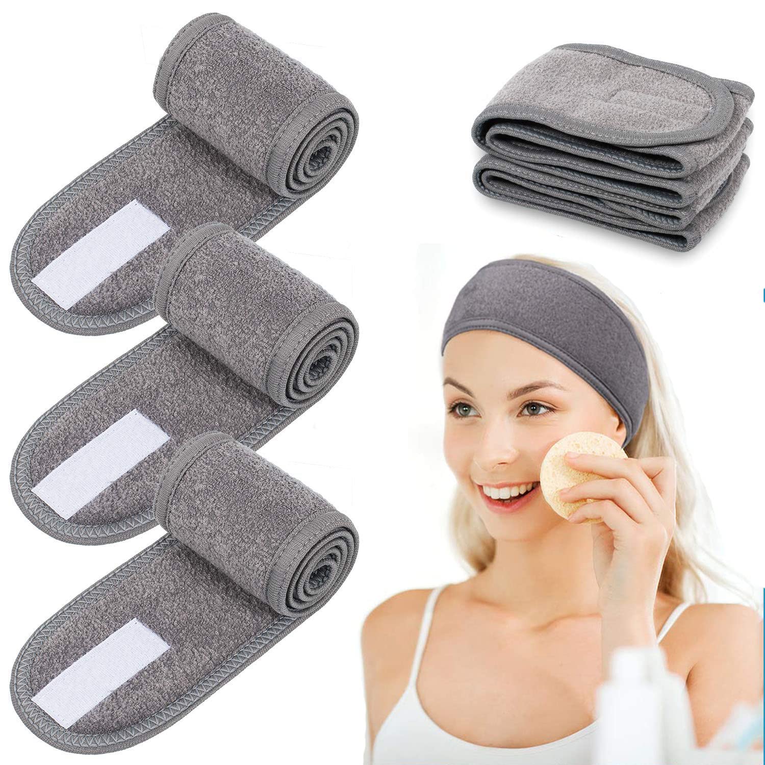 ZEACCT 4-Pack Stretchy Terry Cloth Headbands, Spa and Beauty Wraps for Face Care, Makeup, and Sports, Unisex Design for Men and Women - Grey