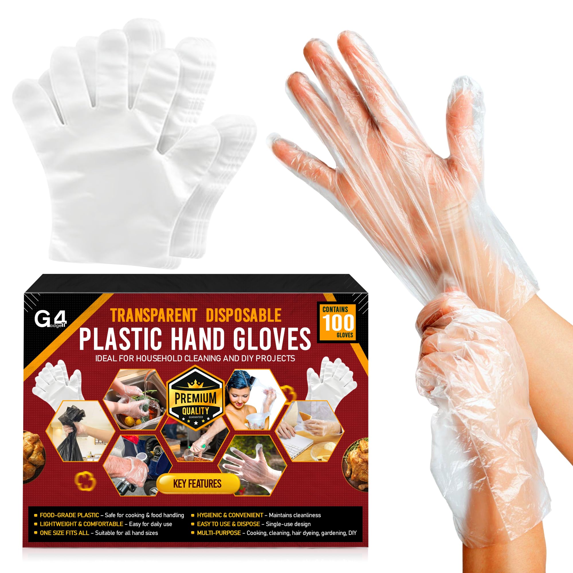 G4GADGET 100 Pack Disposable Kitchen Gloves – 25cm x 25cm Food Safe Plastic Gloves for Cooking, Food Prep, Cleaning & Household Use – One Size Fits Most – Clear Polyethylene