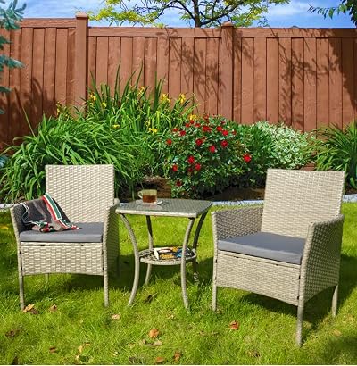 GardenCo Rattan Weave Bistro Set - 2 Chairs & Glass Top Table - Grey