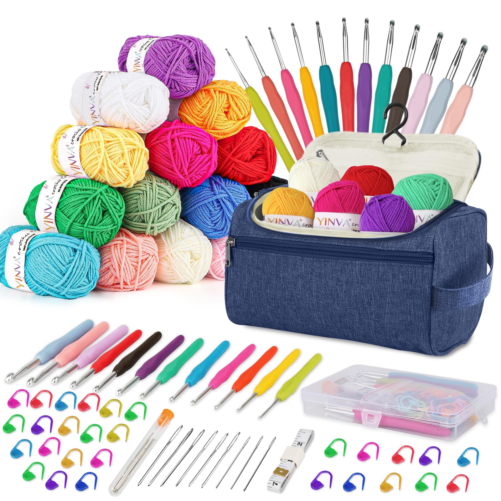 YINVA Crochet Kit Crochet Kits for Beginners Adults 15Pcsx25g Crochet Yarns Ergonomic Metal Crochet Hooks 2mm-8mm Knitting Accessories Tools Storage Case Needles Crochet Starter Kit-Blue
